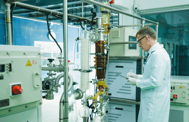 Scientist working in a laboratory setting sampling oil.