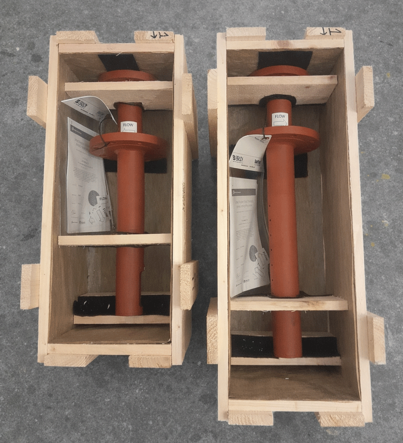 Inline nozzle and quill petrochemical sampling assemblies packed in bespoke timber export cases, finished in red oxide primer and shipped with certification packs.